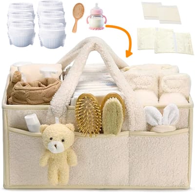 Witte pluche luiertas – Grote opbergtas – Voor babybenodigdheden – Draagbare reistas – Luiertas – Luieropbergdoos in de vorm van een beer – Pluche materiaal – Multifunctionele draagbare luieropbergdoos
