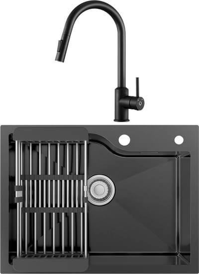 CECIPA max Spoelbak voor keuken 60x45CM - Spoelbakken keuken Met Keukenkraan - Enkele spoelbak met Afdruiprek - Incl. Sifon en Afvoerzeefje - Antraciet