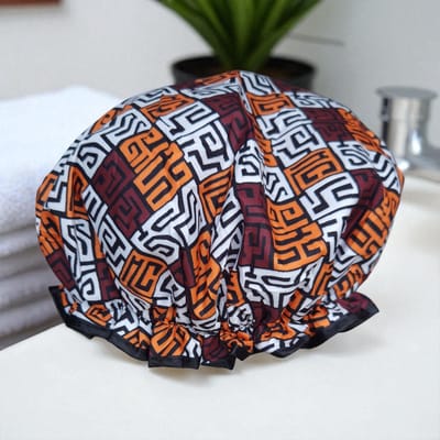 Luxe Grote Douchemuts / Shower cap / Douchekapje / Douche cap voor vol haar / krullen / afro van AfricanFabs® - Bruin en geel-oranje Kuba Blocks Congo