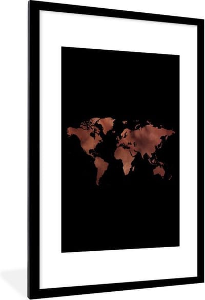 Poster in lijst - Fotolijst 80x120 cm - Posters - Wereldkaart - Rood - Zwart - Posterlijst zwart - Decoratie - Wanddecoratie woonkamer - Muurdecoratie slaapkamer