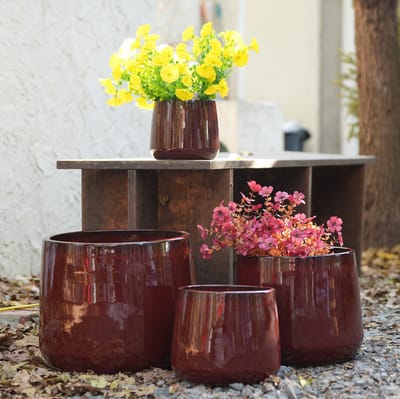 STILVORA Bloempot Set – 4-Delig Ø33/26/20/15 cm – Keramiek – Dieprood – Voor Binnen en Buiten – Glanzend en Vorstbestendig