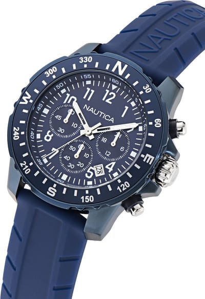 Nautica Riding Sail Quartz Analoog Horloge Blauw Kast: 100% Roestvrij Staal | Armband: 100% Siliconen 45 mm NAPRSS601, NAPRSS603, NAPRSS604, NAPRSS605