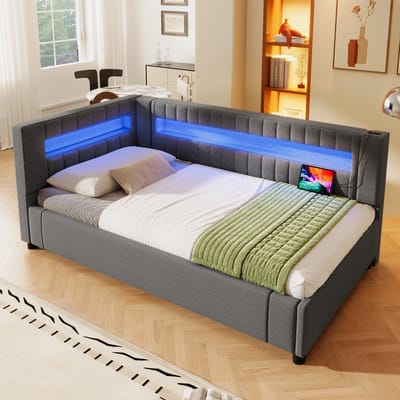 MODFU Bedframe 90x200 cm – linnen en MDF – met hydraulische opbergruimte en LED-licht – grijs – modern design