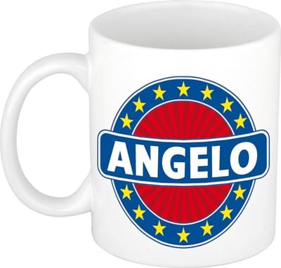 Bellatio Decorations - Angelo voornaam - koffiemok - beker - wit/blauw - 300 ml - Cadeau - Heren - Collega - Vaderdag - Verjaardag