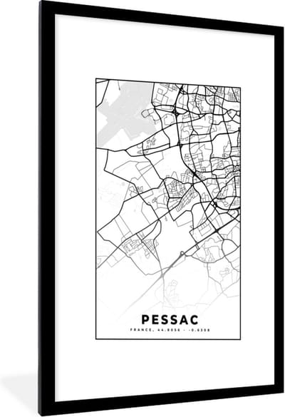 Fotolijst incl. Poster Zwart Wit- Kaart - Stadskaart - Frankrijk - Plattegrond - Pessac - Zwart wit - 60x90 cm - Posterlijst