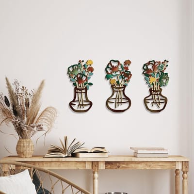 3 Stuks Wanddecoratie met Bloemenontwerp - Houten Wandsculpturen voor Slaapkamer, Woonkamer en Badkamer 30 x 15 cm, Moderne en Elegante Decoratie voor Thuis