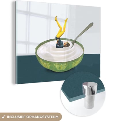 MuchoWow® Glasschilderij 120x90 cm - Schilderij acrylglas - Yoghurt - Yoga - Retro - Foto op glas - Schilderijen