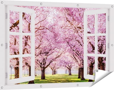 Gards Tuinposter Doorkijk Roze Bloesembomen Park - Bloemen - 120x80 cm - Tuindoek - Tuindecoratie - Wanddecoratie buiten - Tuinschilderij