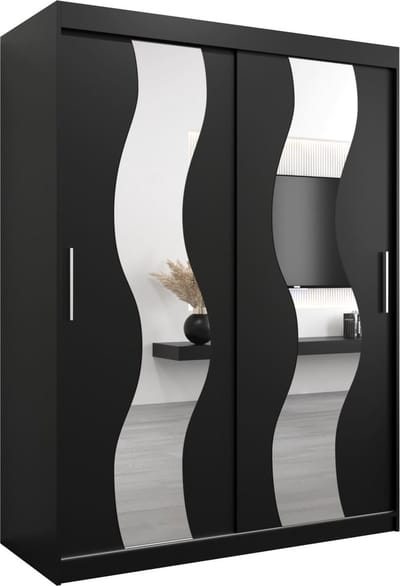 InspireMe - Kledingkast met 2 schuifdeuren, Modern-stijl, Een kledingkast met planken en een spiegel (BxHxD): 150x200x62 - REESE 150 Zwart Mat