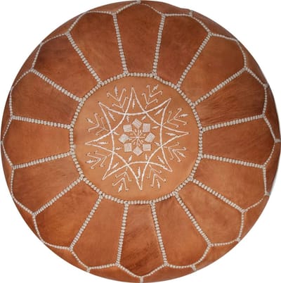 Marokkaanse Leren Poef – Handgemaakt & Gevuld Geleverd – Ø 50 cm – Bruin (Natural Tan) – Multifunctioneel als Voetenbank, Bijzettafel of Sitzak