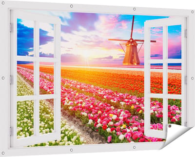 Gards Tuinposter Doorkijk Kleurrijke Bloemenveld met een Windmolen - 150x100 cm - Tuindoek - Tuindecoratie - Wanddecoratie buiten - Tuinschilderij