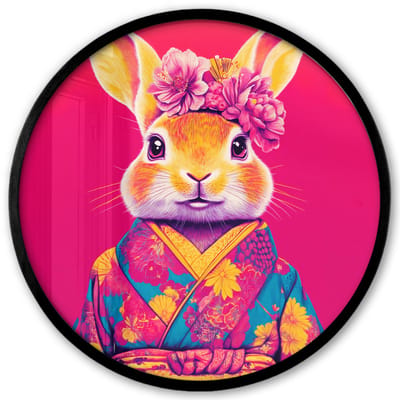 Poster in lijst Rond - Fotolijst 40x40 cm - Posters - Konijn - Bloemen - Kleurrijk - Kimono - Ronde posterlijst zwart - Decoratie - Wanddecoratie woonkamer - Muurdecoratie slaapkamer