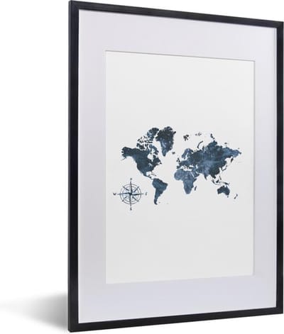 Poster in lijst - Fotolijst 30x40 cm - Posters - Wereldkaart - Kompas - Glitter - Posterlijst zwart - Decoratie - Wanddecoratie woonkamer - Muurdecoratie slaapkamer