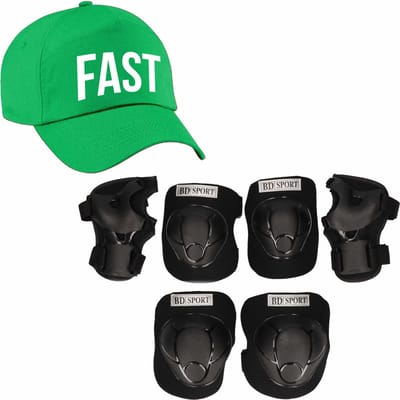 Set van valbescherming voor kinderen maat L / 9 tot 10 jaar met een stoere FAST pet groen