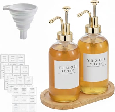 Glazen Dispenser voor Koffiesiroop met Gouden Pomp - 2 Stuks, Labels en Trechter voor Koffiebar Organisatie - 500ml Capaciteit