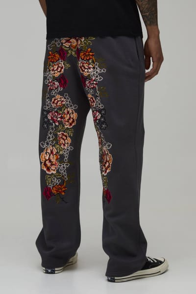 Straight Fit Floral Embroidered Jogger | Charcoal | Size Small