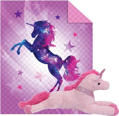 Bedsprei Unicorn- extra warmte- paars- roze- 170x210cm- incl. grote Unicorn Knuffel pluche 50cm