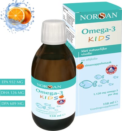 NORSAN | OMEGA-3 KIDS VISOLIE | 1120 MG | EPA 932 MG | DHA 689 MG | DPA 126 MG | VITAMINE E | PUUR EN ZUIVER | 150 ML