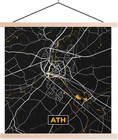 Posterhanger incl. Poster 40x40 cm - Schoolplaat - Ath - Plattegrond - Goud - Kaart - Stadskaart - Textielposter - Blanke latten - Stadskaart