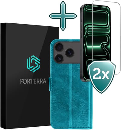 Hoesje Met 2x Screenprotector - Geschikt voor Apple iPhone 17 Pro - Luxe Pasjeshouder - Flip Case - Bookcase Portemonee - Kunstleer Book Case - Flipcase Hoes - Book Cover - Walletcase - Portemonneehoes - Turquoise