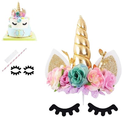 Dailygoods- Taart Topper Elegant - Eenhoorn Taartdecoratie - Verjaardagsfeest - Baby Shower - Milieuvriendelijk - Inclusief Wimpers/Rietje