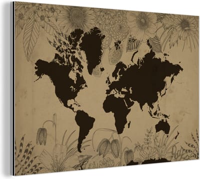 Wanddecoratie Metaal - Aluminium Schilderij Industrieel - Wereldkaart - Vintage - Zwart - 150x100 cm - Dibond - Foto op aluminium - Industriële muurdecoratie - Voor de woonkamer/slaapkamer