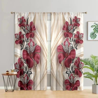 2 stuks, rode bloemen zijdeachtige achtergrondgordijnen - 30% verduisterend - geschikt voor woonkamer, slaapkamer en huisdecoratie W150CM H166CM&Rod pocket gray