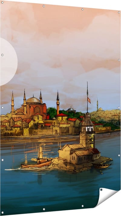 Gards Tuinposter Illustratie van de Maiden's Tower in Istanbul - 120x180 cm - Tuindoek - Tuindecoratie - Wanddecoratie buiten - Tuinschilderij