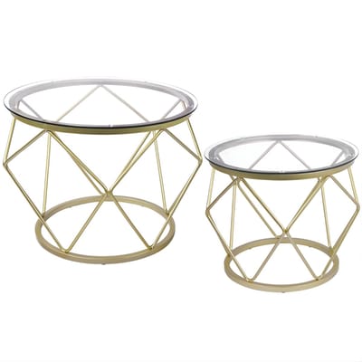 Salontafel Set van 2 – Voor Woonkamer & Slaapkamer – Ronde Bijzettafels met Metalen Frame – Goud