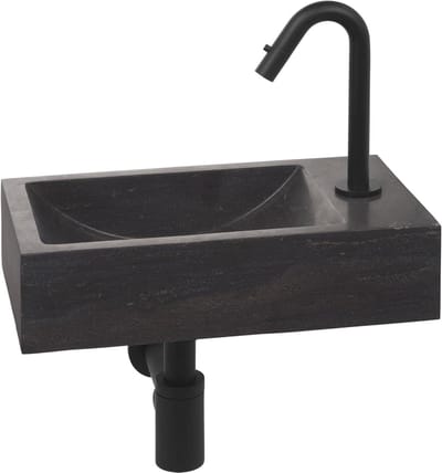 Fonteinset Natuursteen - Wastafelkraan Set - Badkamer Inrichting - Uniek Natuursteen - Links Kraangat - Mat Zwart