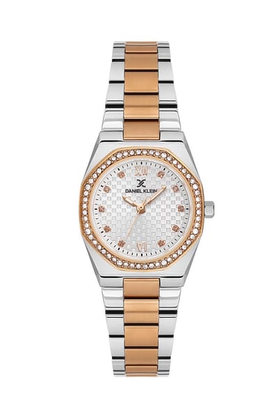 Daniel Klein DK.1.14099-6 - Horloge - Polshorloge - Analoog - Dames - Vrouwen - Romeinse cijfers - Achthoek - Stalen band - Metaal - Briljant - Vierkantjes - Strepen - Zilverkleurig - Rosékleurig - Zwart - Wit