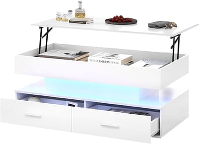 REDOM Hydraulisch verstelbare salontafel 100×50×44 cm – wit, LED met Bluetooth‑app, muziekgestuurd, 2 lades & verborgen opbergruimte
