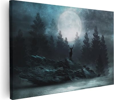 Artaza Canvas Schilderij Hert Met Gewei - 30x20 cm - Klein - Wanddecoratie Bos - Muurdecoratie Maan - Kamer Accessoires Woonkamer