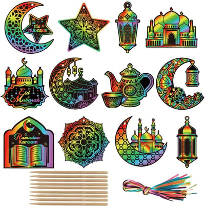 Dailygoods- Kraspapier 36 Stuks - Ramadan Kraskaarten - Kleurrijke Linten - Houten Stokjes - DIY Papier Craft - Veilig en Geurloos
