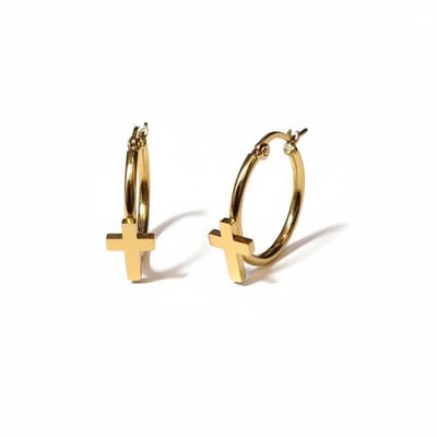 Aramat Jewels | Oorringen | Goudkleurige Hoops RVS met Kruisje - 25mm | | | |2,5mm | Staal | Volwassenen | Verkleurd niet