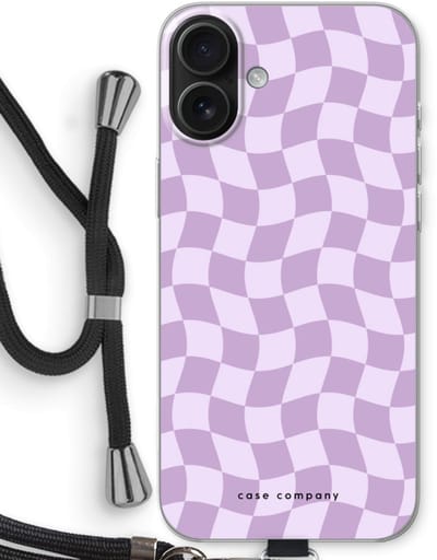 Case Company® - Hoesje met koord geschikt voor iPhone 16 Plus hoesje met Koord - Grid Paars - Telefoonhoesje met Zwart Koord - Bescherming aan alle Kanten en Over de Schermrand