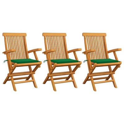vidaXL - Klapstoelen - met - groene - kussens, - 3 - stuks, - massief - teakhout