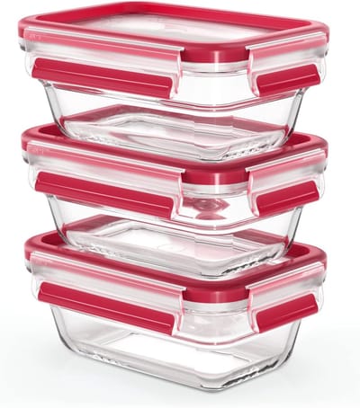 Famanu – Glazen vershouddozen set 3 – rechthoekig, BPA-vrij, vries- en magnetronbestendig (blauw/geel)