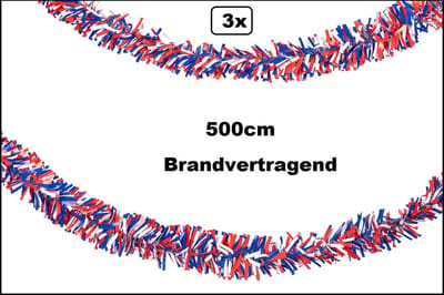 3x PVC folie draaiguirlande rood/wit/blauw 500cm BRANDVERTRAGEND - Holland WK thema feest party fun optocht koningsdag