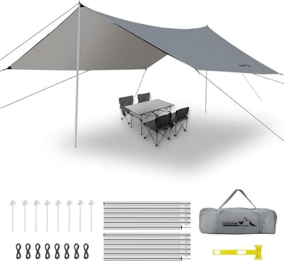 Waterdichte Anti-UV Camping Tent Tarpaulin 36-48m - Met Stokken, Pegs en Scheerlijnen - Grijs