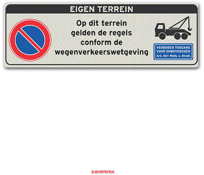 Eigen terrein bord - verkeersbord eigen terrein - bord verboden toegang privé terrein - 60 x 20 cm - klasse 3 reflectie - aluminium - Art 641 bord - DOM