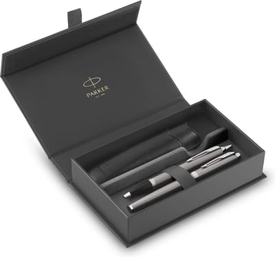 Parker IM Duo Pen Gift Set | Fountain Pen Ballpoint Pen & Pen Pouch | Stainless Steel Finish with Chrome Trims | Medium Tip
