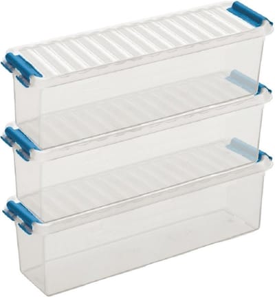 3x sunware q-line opberg box/opbergdoos - 1.3 liter - 27 x 8 x 9 cm - kunststof - opslagbox - transparant/blauw
