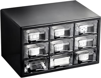 Grote zwarte opbergdoos met 9 lades, stapelbaar en wandmontage, ideaal voor kantoor en thuis, compacte en stofdichte organizer voor efficiëntie en organisatie
