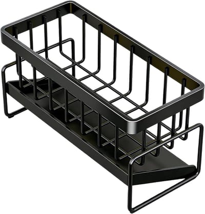 Gootsteen Organiser - Gootsteenorganizer - Metaal - Keukenorganizer voor de gootsteen - Vaatdoekhouder - Sponshouder voor in de wasbak - Afdruiprek - Voor afwasmiddel en sponzen - 23*10*9CM - Zwart