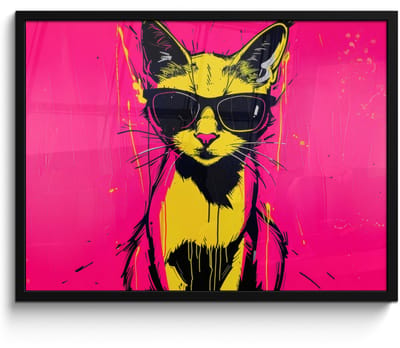 Poster in lijst - Fotolijst 70x50 cm - Posters - Kat - Art - Zonnebril - Roze - Posterlijst zwart - Decoratie - Wanddecoratie woonkamer - Muurdecoratie slaapkamer