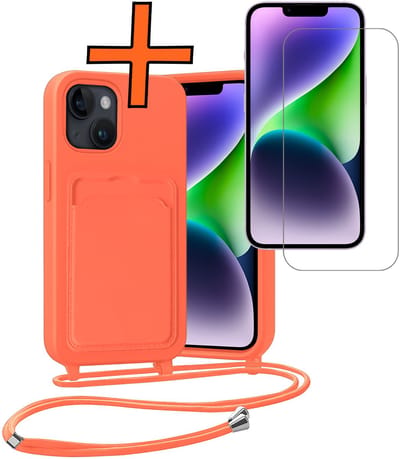 Hoesje Geschikt voor iPhone 13 Hoesje Met Telefoonketting Pasjeshouder Case Met Screenprotector Koord - Hoesje Geschikt voor iPhone 13 Hoes Met Kaarthouder - Papaya