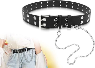 Punk Kinderriem met Verwijderbare Ketting, Leerlook Riem met Dubbele Oogjes, Verstelbare Riem voor Jongens en Meisjes, Ideaal voor Casual en Punk Stijl, 90cm, Zwart