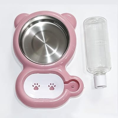 VHV-Voerbak en Drinkbakset met Automatische Waterdispenser - Dubbele Voerbak voor Hond en Kat - Roestvrij Staal - Berenontwerp - 550ML - Roze