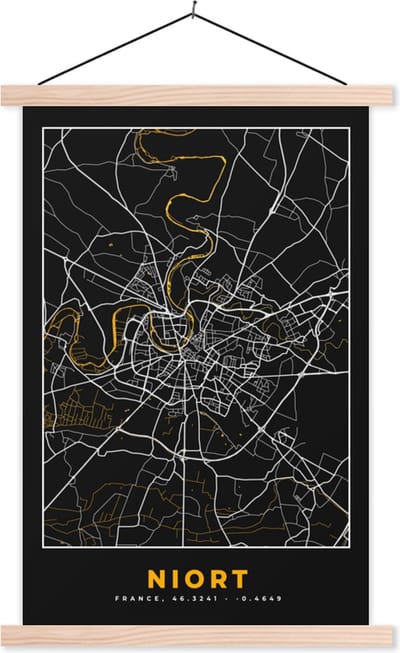 Posterhanger incl. Poster 40x60 cm - Schoolplaat - Plattegrond – Niort – Stadskaart – Kaart – Frankrijk - Textielposter - Blanke latten - Stadskaart